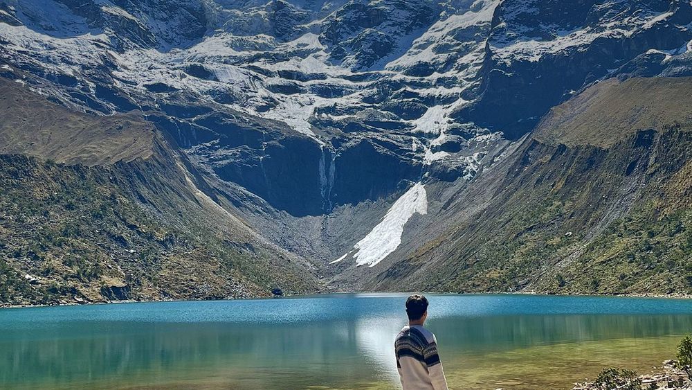 Glacial lake below the Salkantay mountains on the trek to Machu Picchu, Peru